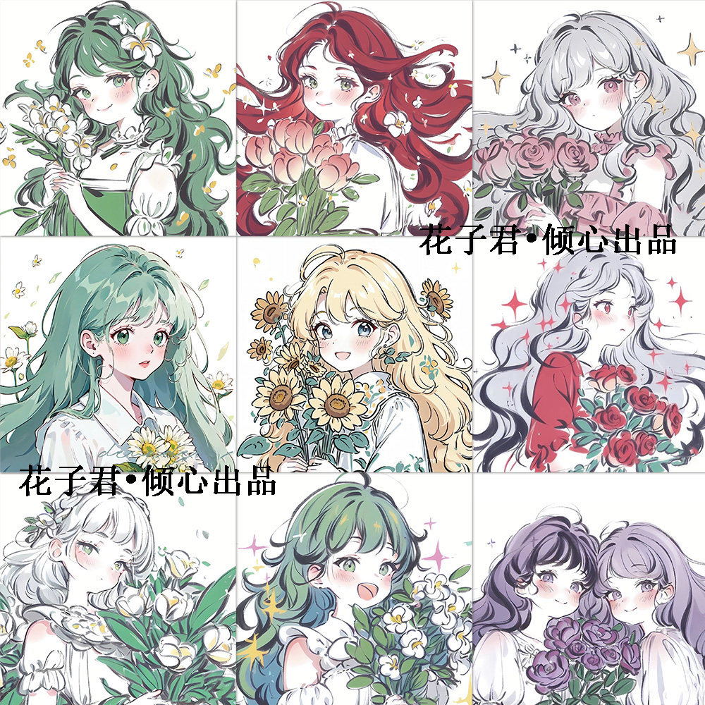 60张卡通抱花女生头像贴纸个性装饰diy手账素材防水行李箱贴画