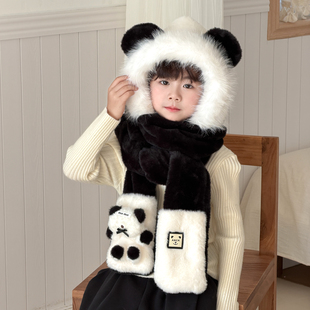 儿童帽子围巾手套一体冬天男孩熊猫毛绒帽大童中小学生保暖防风帽