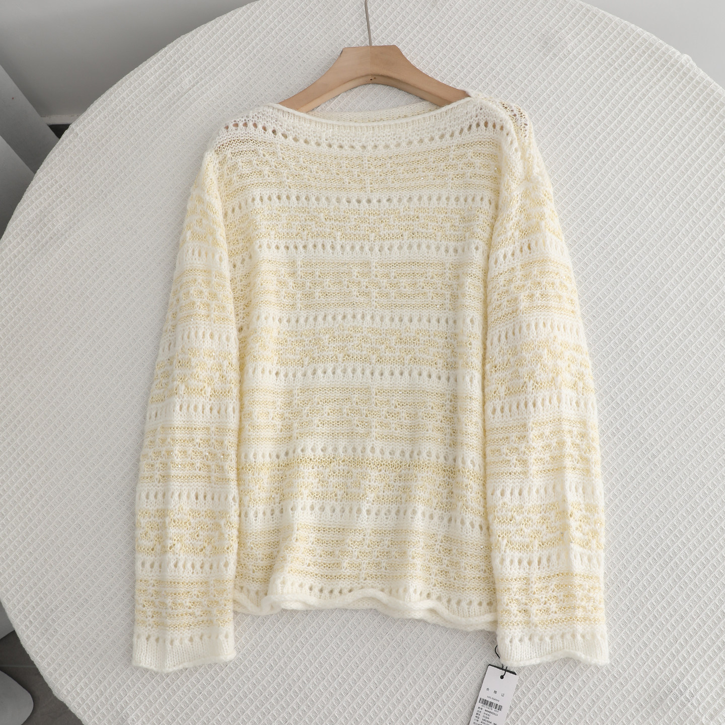 艾系~时尚宽松百搭镂空圆领针织毛衣女2025秋季新款洋气亮丝罩衫