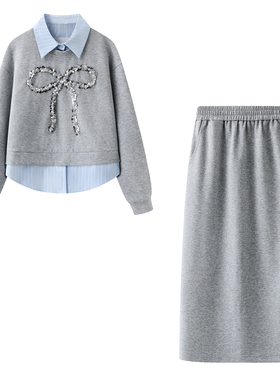 影系~2026春季新甜美减龄灰色蝴蝶结假两件卫衣直筒半身裙两件套