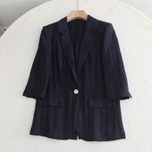 亚麻修身 简约气质通勤藏青色中袖 上衣 新款 薄款 西装 外套女2025夏季