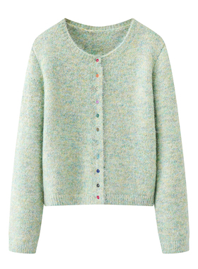 甜美彩扣绿色圆领针织开衫2025冬季新款减龄通勤百搭小个子毛衣女