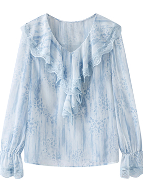 影系~法式荷叶边V领衬衫女2026春装新款蕾丝正肩蓝色豹纹印花小衫