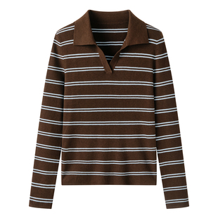 檬系~咖啡色Polo领条纹针织衫2026秋季新款修身显瘦长袖毛衣上衣