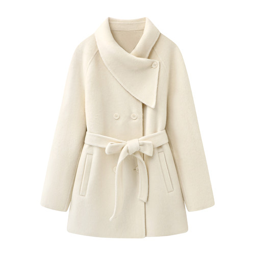 影系~明星同款围巾领双面呢外套2025秋季新款千金风系带羊毛大衣