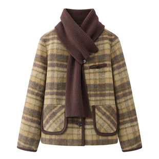 小西装 百搭短款 夹克 新款 学院风围巾领加棉内胆格子外套女2025冬季