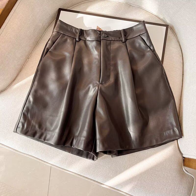 2026春装新款复古高腰显瘦简约PU皮阔腿休闲短裤女甜酷风炸街皮裤,女装/女士精品,休闲裤,淘宝优惠券,粉丝福利购,淘宝优惠卷