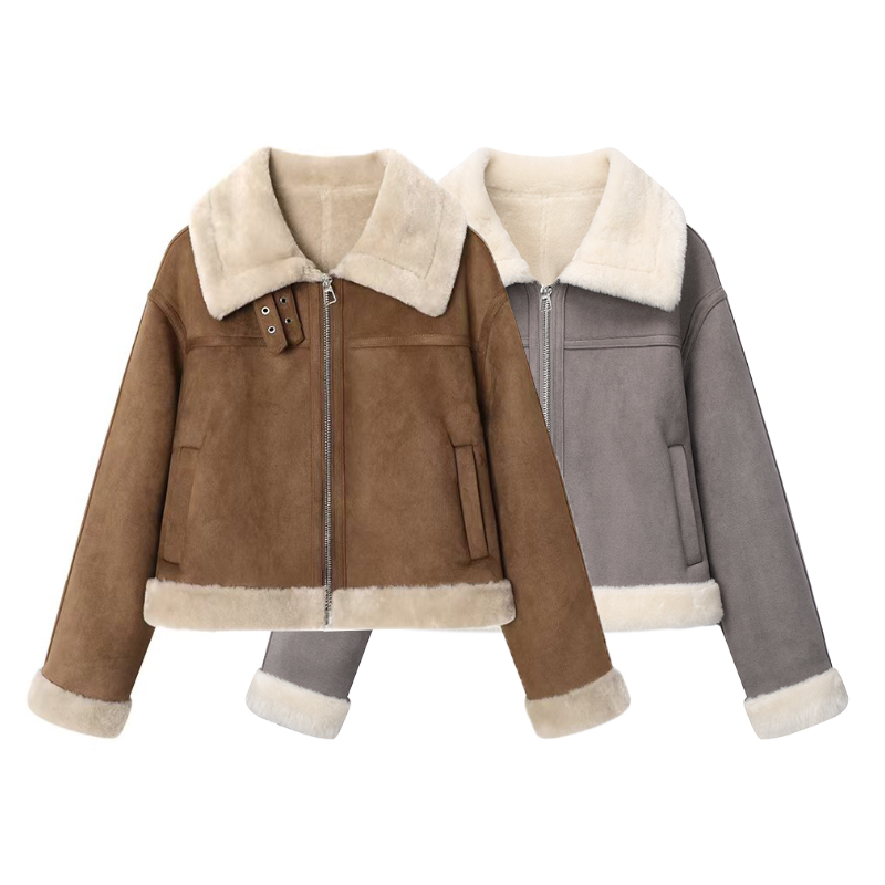 影系~简约气质皮毛一体麂皮绒短外套2025冬季新款高级感保暖上衣