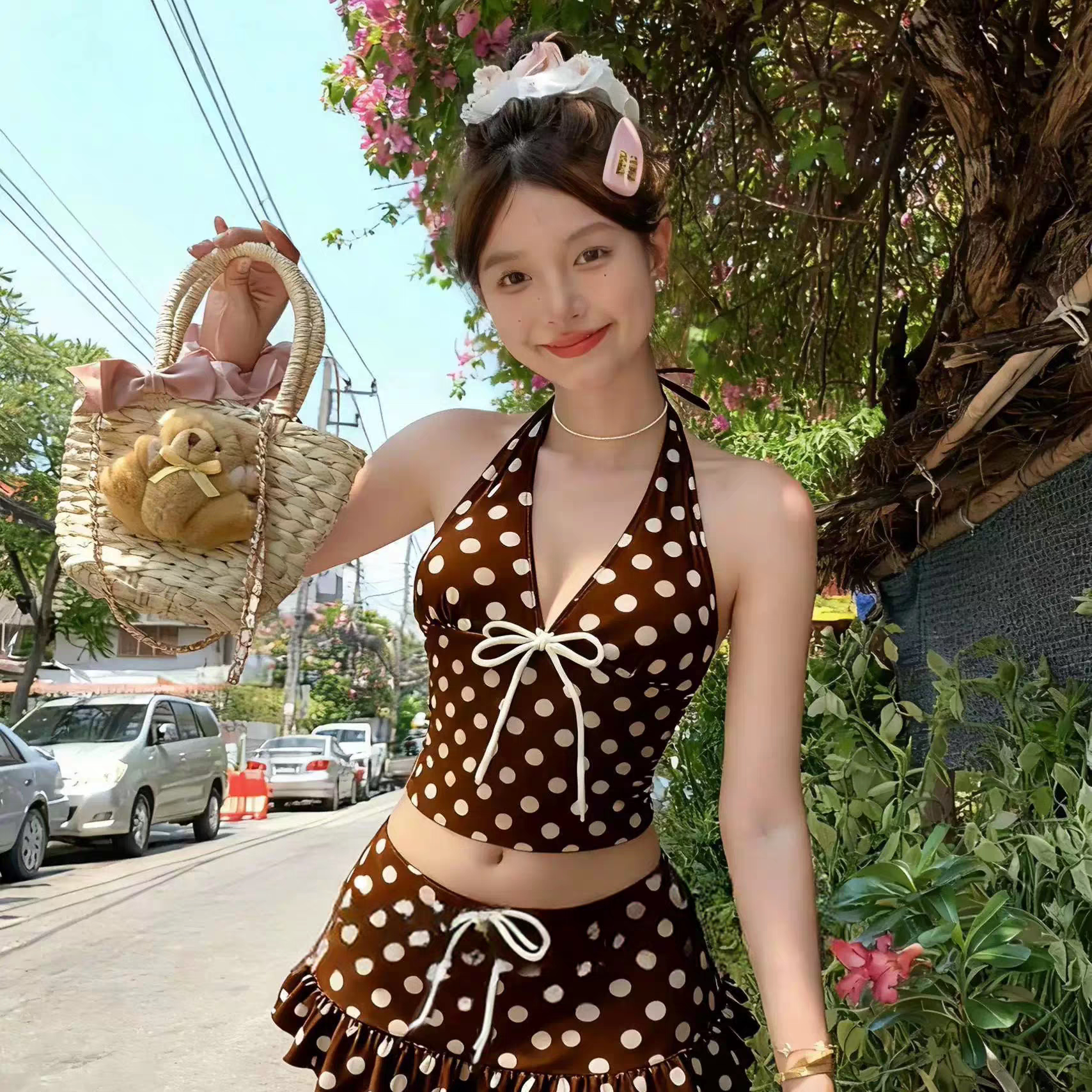 泳衣女甜美波点分体比基尼裙式三件套性感挂脖海边度假泡温泉泳装