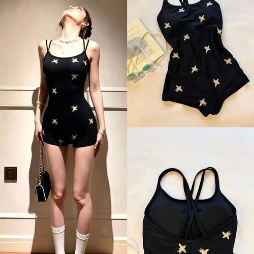 泳衣女小蜜蜂黑色刺绣连体平角