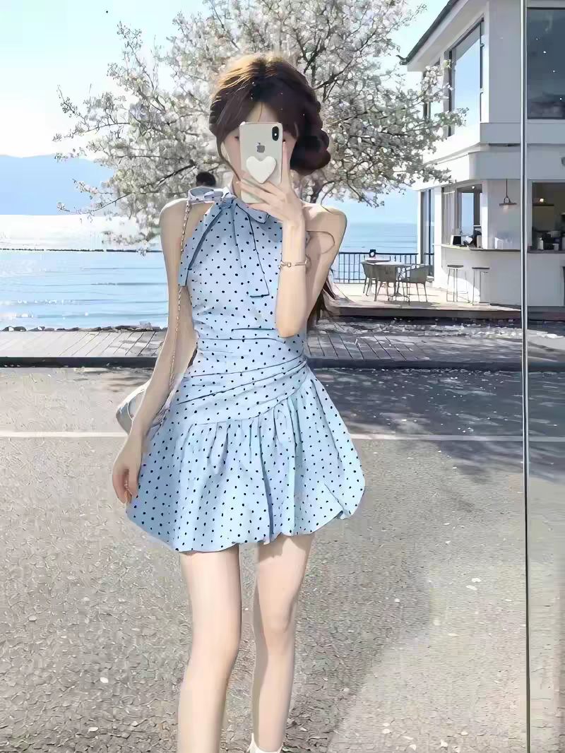 泳衣女法式蓝色波点连体裙式收腰显瘦甜美少女海边度假泡温泉泳装