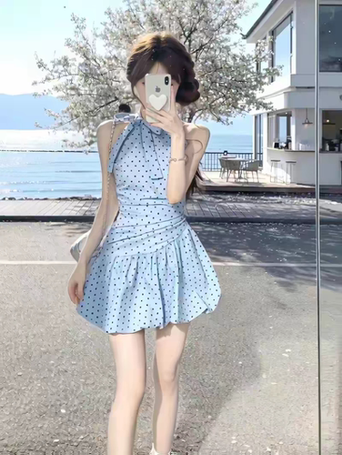 法式蓝色波点连体裙式泳衣女