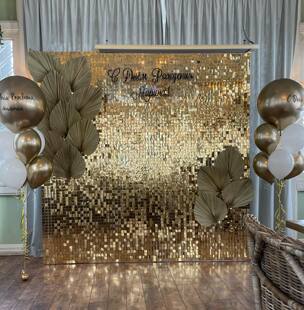 方块雨丝帘方形流苏门帘镜面方格风动板金色舞台背景节日派对布置