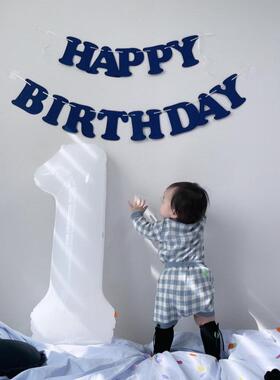HAPPY BIRTHDAY 蓝色生日快乐字母拉旗节日装扮派对用品拍照道具