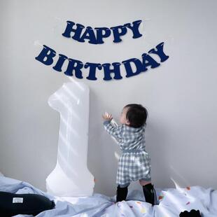 蓝色生日快乐字母拉旗节日装 扮派对用品拍照道具 BIRTHDAY HAPPY