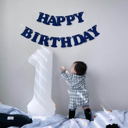 HAPPY BIRTHDAY 蓝色生日快乐字母拉旗节日装扮派对用品拍照道具