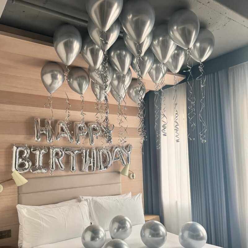 生日快乐套餐铬银色金属乳胶气球