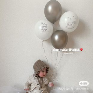 风简约100天木马蛋糕装 ins日式 饰乳胶气球生日30天满月龄摄影道具