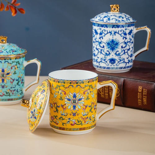 亮玉中式骨瓷办公杯珐琅彩泡茶杯