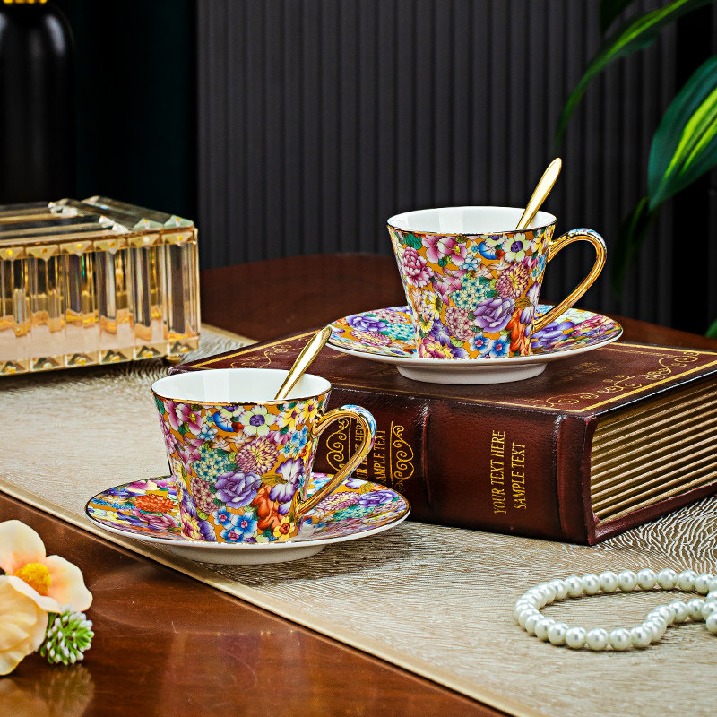 亮玉景德镇中式描金骨瓷咖啡杯套装高档杯碟情侣对杯陶瓷杯具送礼