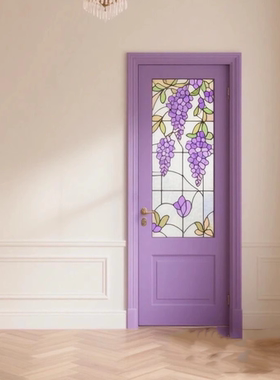 法式复古卧室门定制浪漫风紫色藤彩绘玻璃双开门欧式艺术感彩绘门
