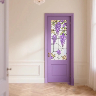 法式 艺术感彩绘门 复古卧室门定制浪漫风紫色藤彩绘玻璃双开门欧式