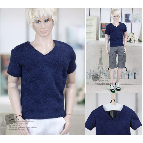 [H-201408-21]深蓝色v领短袖t恤/FR男 娃衣