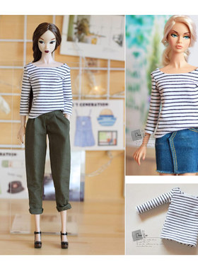 [M-201705-15]黑白细条纹7分袖大领口T恤/FR Momoko OB娃衣