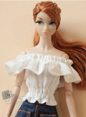 [M-201705-01R]白色格子提花裸肩收腰上衣/FR Momoko OB娃衣