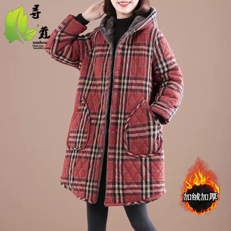 秋冬新款复古棉麻格子中长款连帽棉衣女加绒加厚大码保暖棉袄大衣