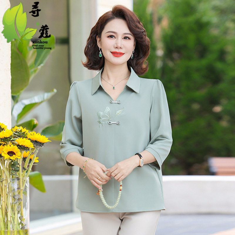 新款衬衫领妈妈装中老年女装夏装衣服七分袖女士休闲服装40岁中年