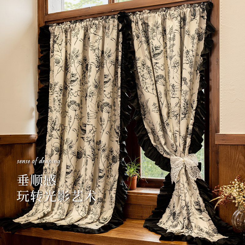 法式复古荷叶边窗帘遮光花卉印花蝴蝶结绑带客厅卧室成品窗帘,居家布艺,成品窗帘,淘宝优惠券,粉丝福利购,淘宝优惠卷