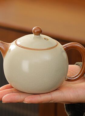 米黄汝窑茶壶开片可养汝瓷单壶陶瓷西施壶家用泡茶石瓢壶微瑕茶具
