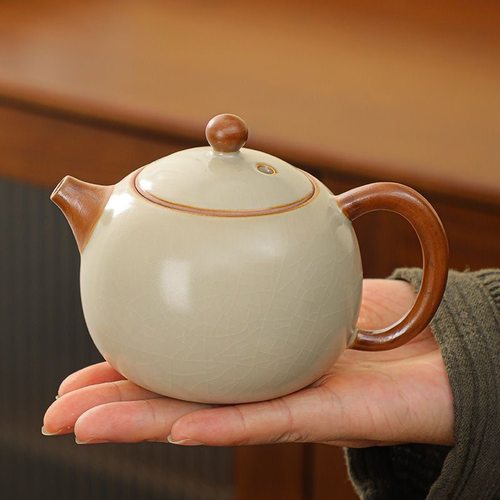 米黄汝窑茶壶开片可养汝瓷单壶陶瓷西施壶家用泡茶石瓢壶微瑕茶具