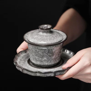 黑冰茶具冰裂釉马蹄冰花盖碗泡茶杯手工高档悬浮遇水化冰防烫微瑕