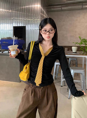 韩系polo领撞色格纹领带长袖t恤女秋季设计感修身内搭打底衫上衣