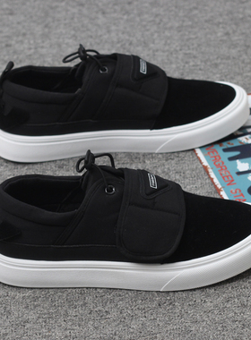 潮牌男士板鞋黑色帆布鞋男鞋透气魔术贴一脚蹬百搭防滑平底休闲鞋