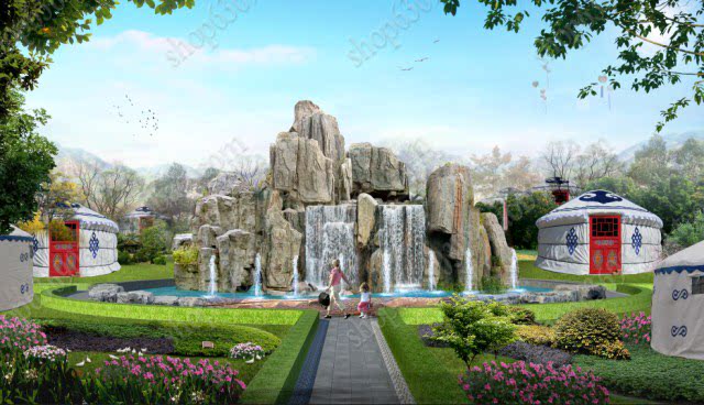 青石假山psd分层效果图水系跌水景观ps  承接假山古树方案效果图