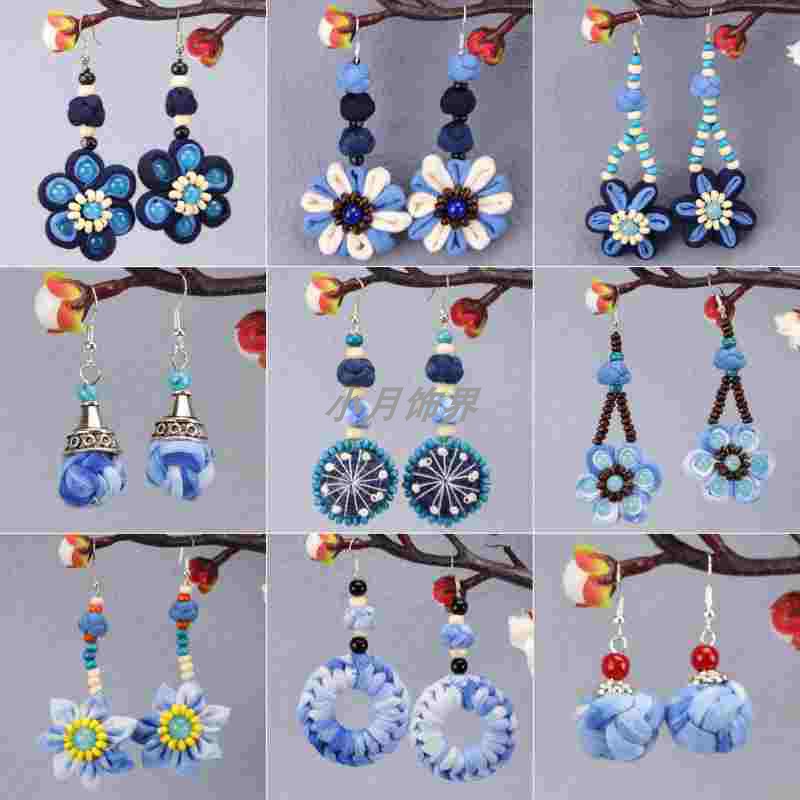 云南大理手工扎染耳环蓝染长款耳坠女盘扣花朵饰品民族风耳饰耳夹