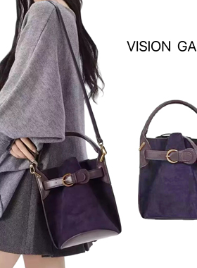 小优质PU革众设计感紫色丝绒水桶包包女2025春季新款通勤潮单肩