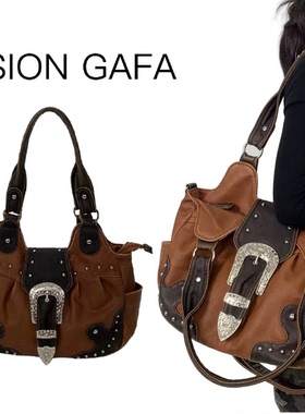 跨境专供女士时尚Y2K千禧辣妹单肩包大容量复古铆钉机车托特包