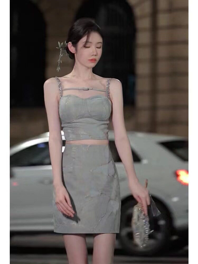 早秋时尚chic高级感名媛美式甜辣小香风洋装吊带连衣裙套装