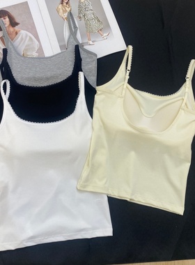 妃子纪3561时尚蕾丝边U型露背吊带背心女短款修身带胸垫外穿美背