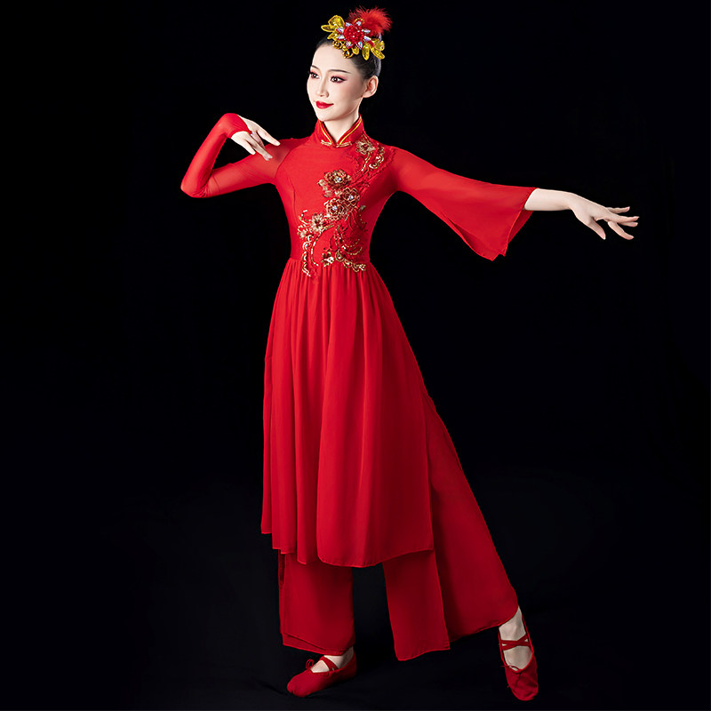 高档古典舞蹈演出服女飘逸中国风喜庆打鼓腰鼓秧歌服装套装成人扇