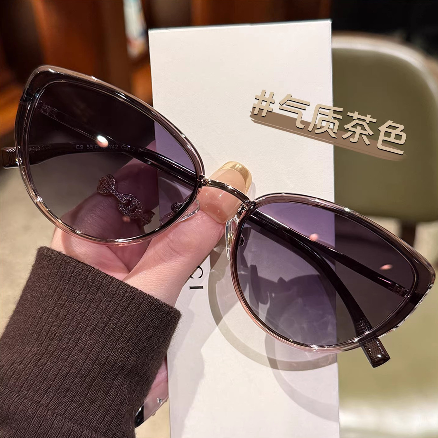 高档猫眼时尚偏光墨镜女可配近视度数大脸显瘦抗UV开车太阳眼镜