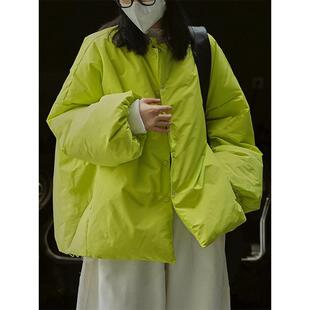 2024冬季新款韩版小个子高级感设计感休闲短款薄款荧光绿棉服外套