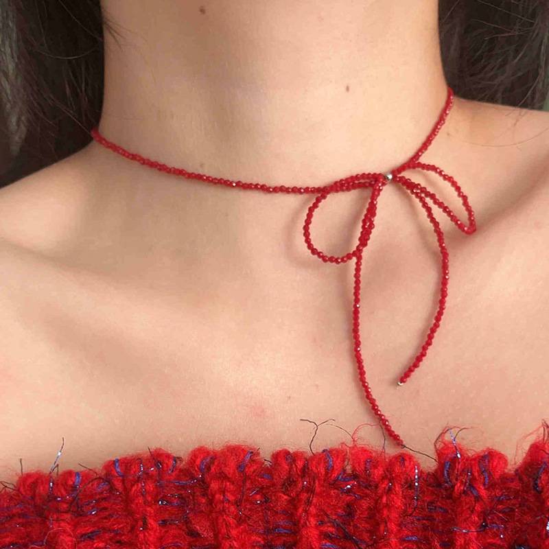 显白红色蝴蝶结水晶串珠项链