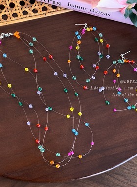 彩色多巴胺串珠项链女春时尚个性显脸小耳钉小众设计高级感锁骨链