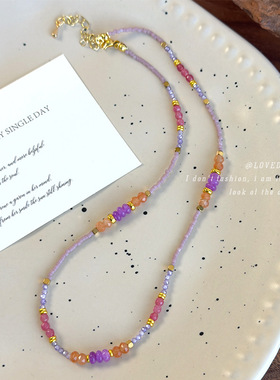 春夏新款紫色韵味色系锁骨链彩色水晶树脂手工串珠项链中国风配饰