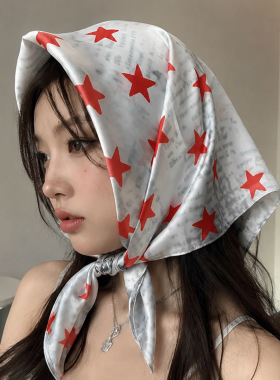 美式复古红白星星印花防晒小方巾